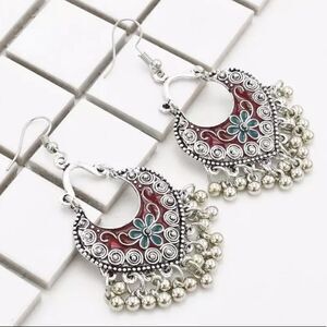 Silver & Burgundy Floral Boho Drop Earrings Ethic